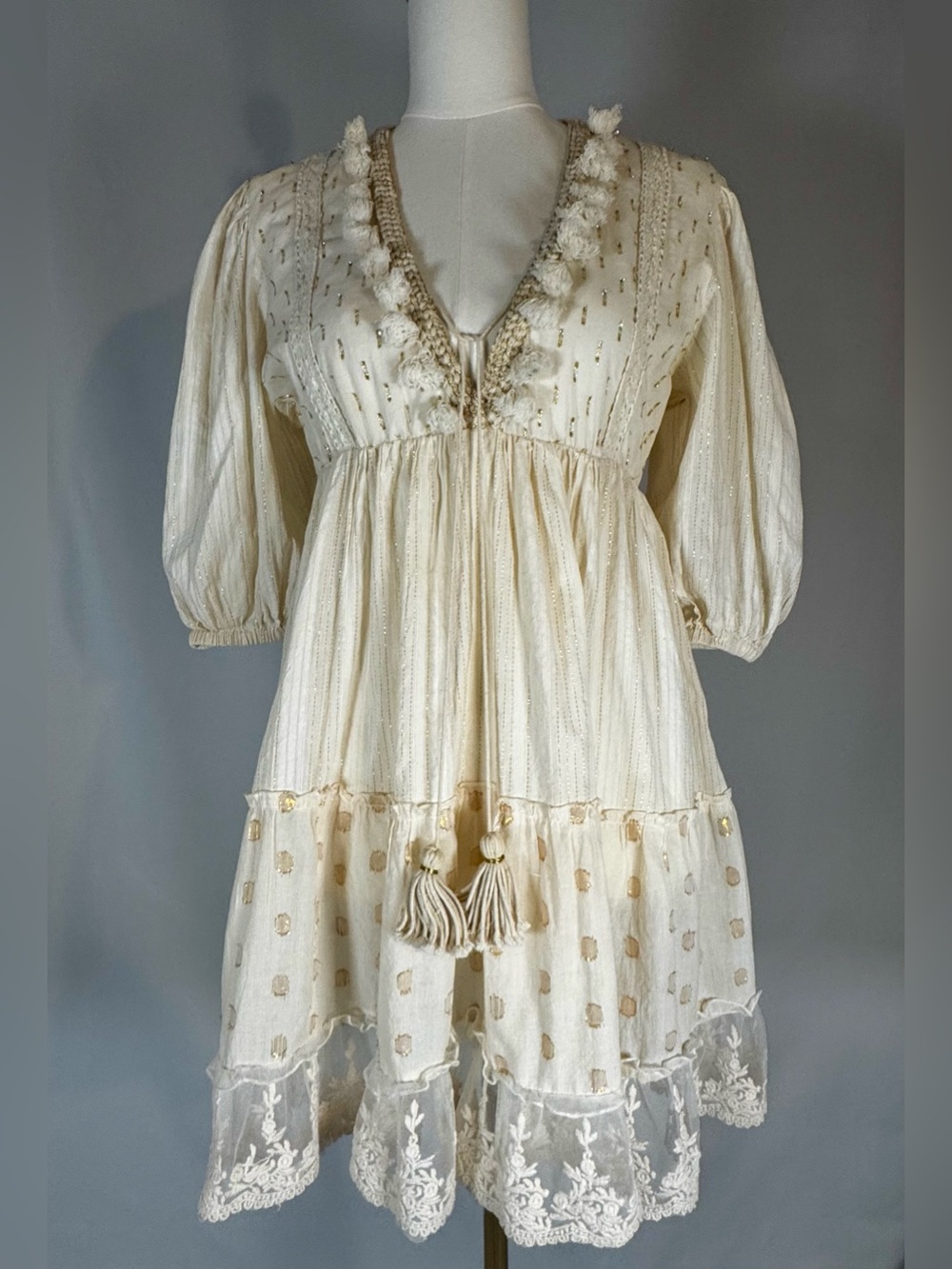 Z&L Boho Tassel V-Neck Swim Coverup Dress in Cream